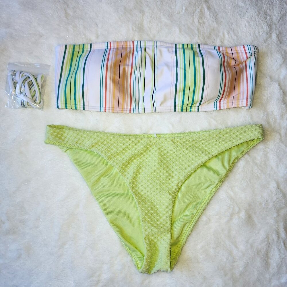 O'Neill 2-Piece Bikini- Green,White, Stripes- Size S Top/ XS Bottom